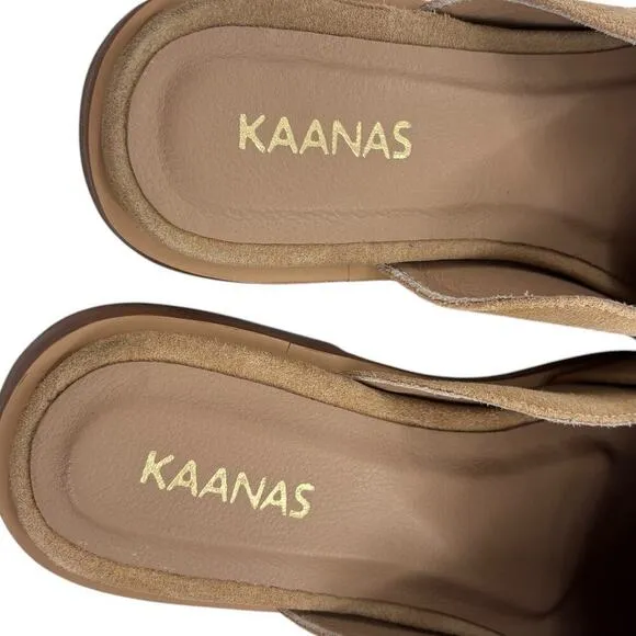 Kaanas Tan Cogno Suede Square Toe Slip On Mules