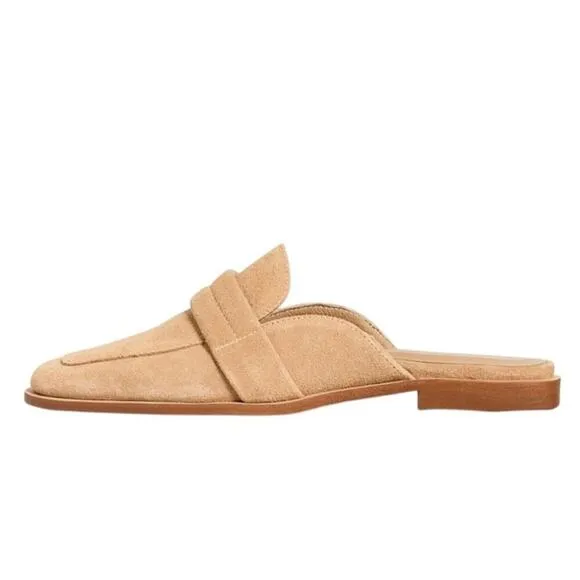 Kaanas Tan Cogno Suede Square Toe Slip On Mules