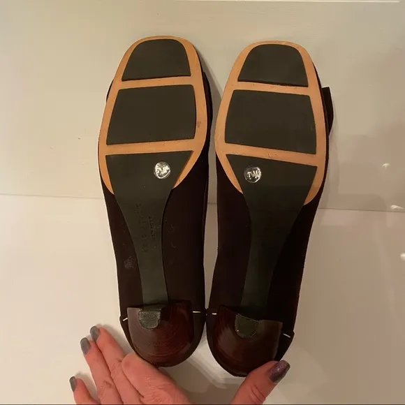 KATE SPADE SHOES HEELS PUMPS BROWN SUEDE LEATHER BOW SQUARE TOE SIZE 7.5 M