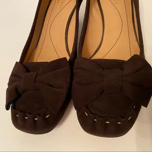 KATE SPADE SHOES HEELS PUMPS BROWN SUEDE LEATHER BOW SQUARE TOE SIZE 7.5 M
