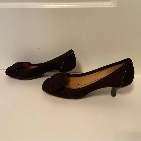 KATE SPADE SHOES HEELS PUMPS BROWN SUEDE LEATHER BOW SQUARE TOE SIZE 7.5 M