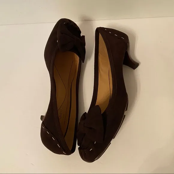 KATE SPADE SHOES HEELS PUMPS BROWN SUEDE LEATHER BOW SQUARE TOE SIZE 7.5 M