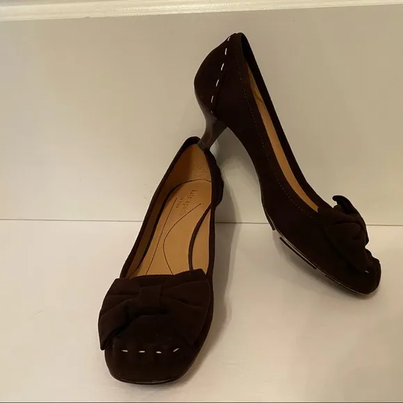 KATE SPADE SHOES HEELS PUMPS BROWN SUEDE LEATHER BOW SQUARE TOE SIZE 7.5 M