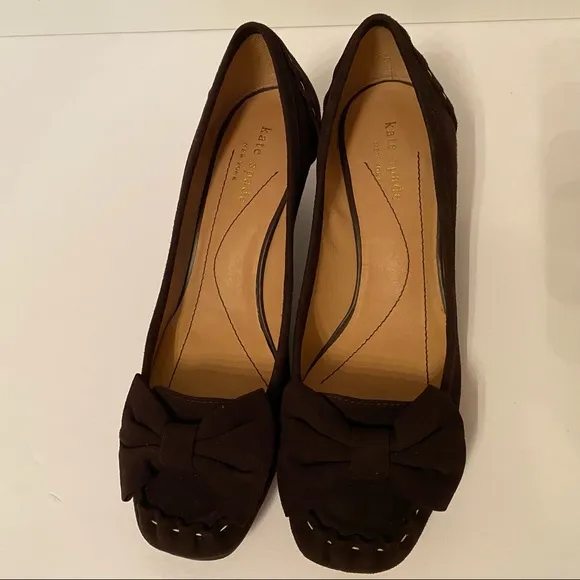 KATE SPADE SHOES HEELS PUMPS BROWN SUEDE LEATHER BOW SQUARE TOE SIZE 7.5 M