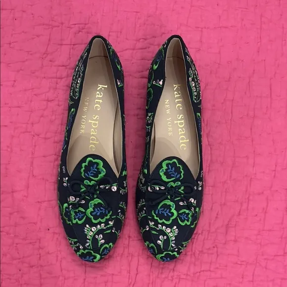 Kate Spade Women's Floral Embroidered Loafers - Black and Green, US6