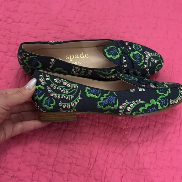 Kate Spade Women's Floral Embroidered Loafers - Black and Green, US6