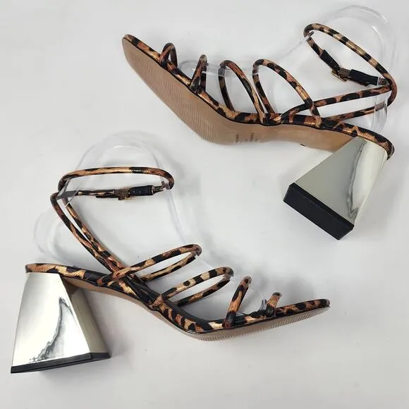 Katy Perry Heels Women 10M The Pyramid Strappy Gold Mirror Block Heel Leopard