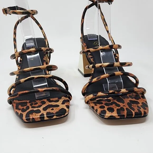 Katy Perry Heels Women 10M The Pyramid Strappy Gold Mirror Block Heel Leopard
