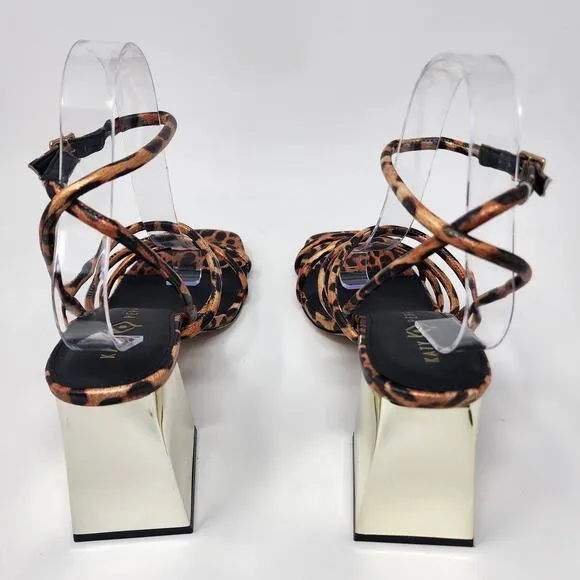 Katy Perry Heels Women 10M The Pyramid Strappy Gold Mirror Block Heel Leopard