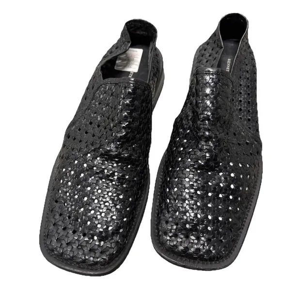 Kenneth Cole Black Leather Woven Weaved Huarache Loafers Mens 9.5 Made In Italy