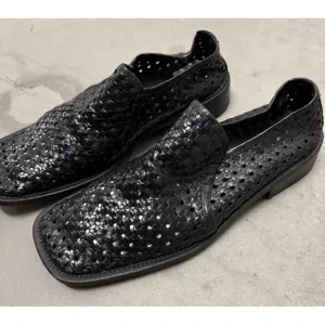 Kenneth Cole Black Leather Woven Weaved Huarache Loafers Mens 9.5 Made In Italy