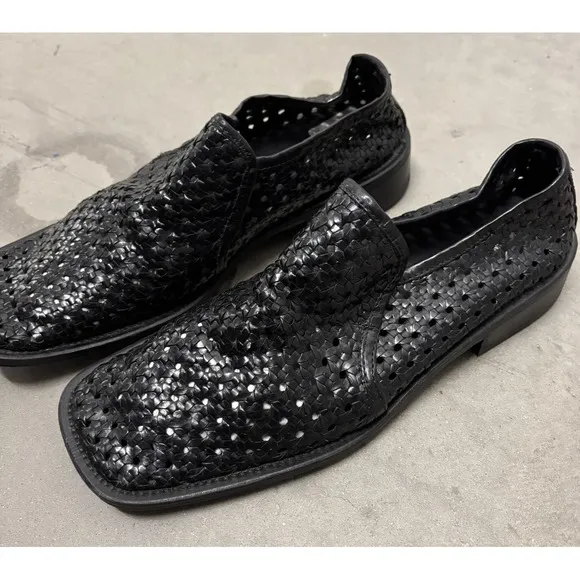 Kenneth Cole Black Leather Woven Weaved Huarache Loafers Mens 9.5 Made In Italy