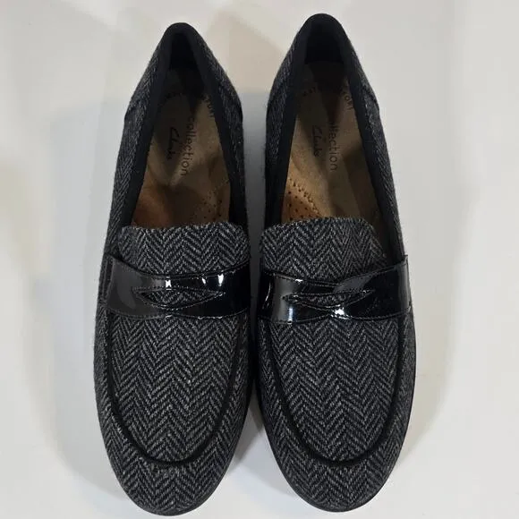 L Collection by Clarks Trish Rose Loafer Shoes Size 6 Grey Black Herringbone