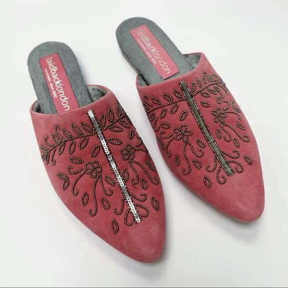 laidbackLondon Pink Suede Slip On Beaded Shoes US8