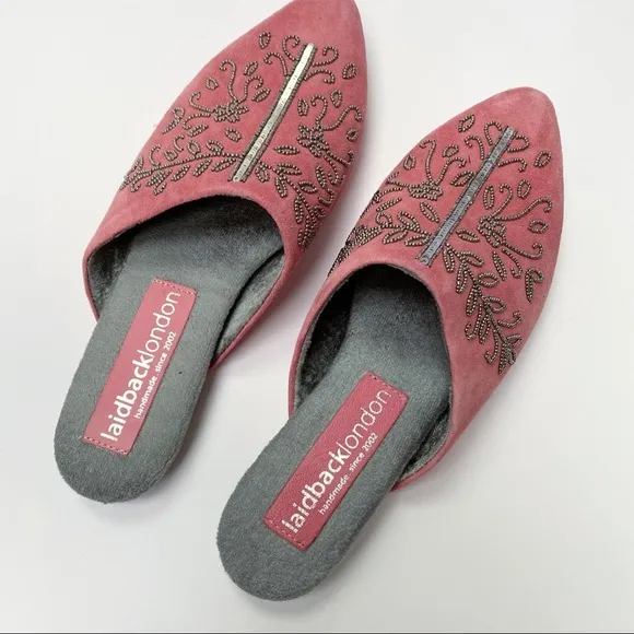 laidbackLondon Pink Suede Slip On Beaded Shoes US8