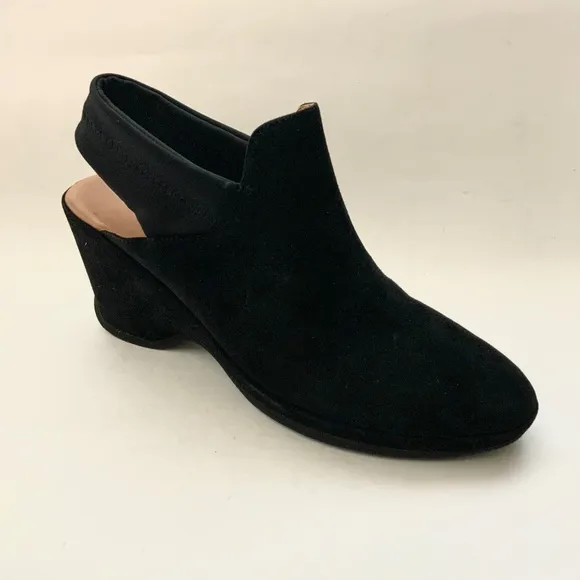 L'Amour Des Pieds Oniella Black Suede Leather Slingback Wedge Sandals Booties 9