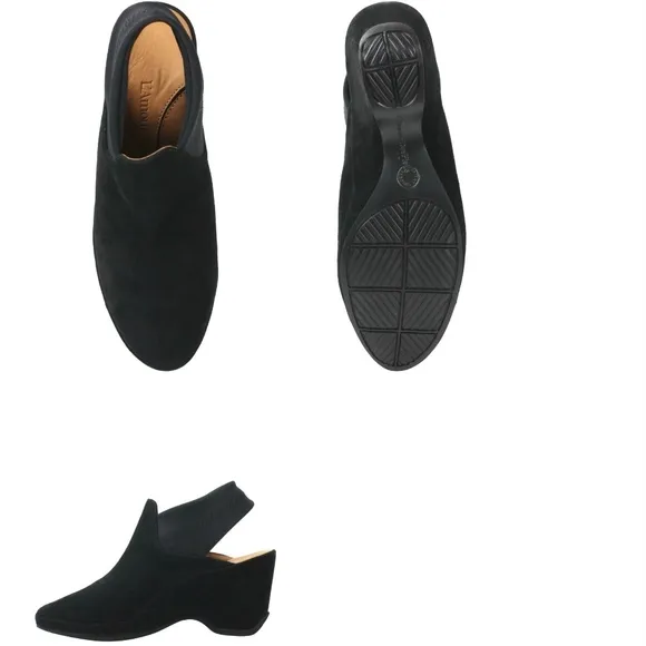 L'Amour Des Pieds Oniella Black Suede Leather Slingback Wedge Sandals Booties 9
