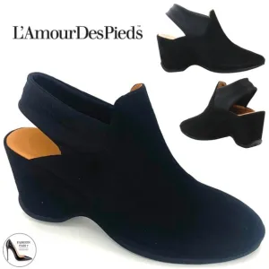 L'Amour Des Pieds Oniella Black Suede Leather Slingback Wedge Sandals Booties 9