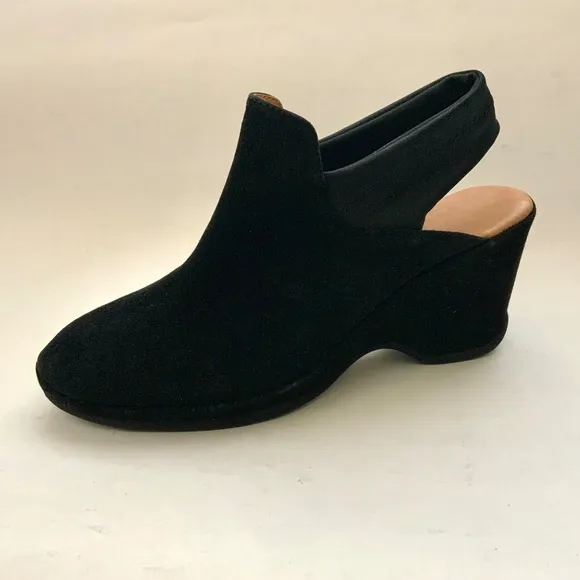 L'Amour Des Pieds Oniella Black Suede Leather Slingback Wedge Sandals Booties 9