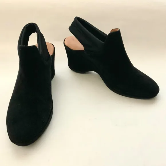L'Amour Des Pieds Oniella Black Suede Leather Slingback Wedge Sandals Booties 9