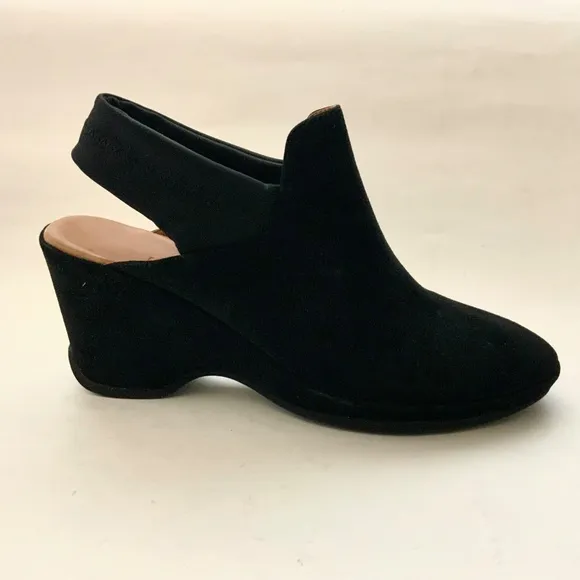 L'Amour Des Pieds Oniella Black Suede Leather Slingback Wedge Sandals Booties 9