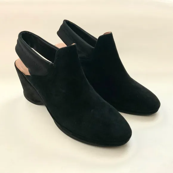 L'Amour Des Pieds Oniella Black Suede Leather Slingback Wedge Sandals Booties 9