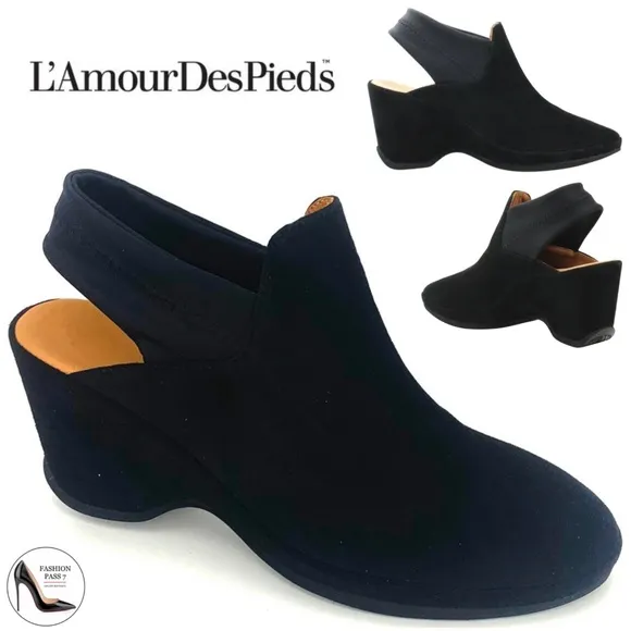 L'Amour Des Pieds Oniella Black Suede Leather Slingback Wedge Sandals Booties 9