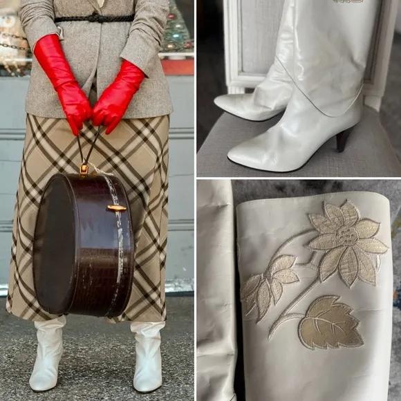 Leather Retro white boot Italy made vintage leather shoes rare embroidered boot