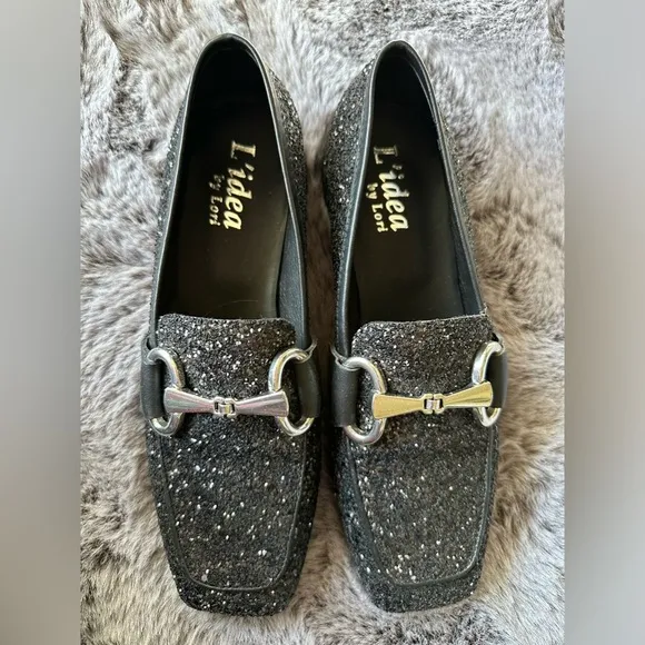 L’idea by Lori Black Gliter Leather with Bit Loafers size 38 / 8