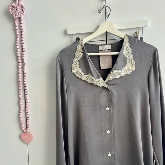 LISE WATIER Lingerie Satin Silky Pajama Set Medium Gray Loungewear