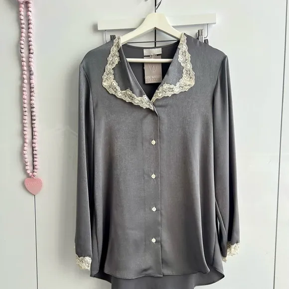 LISE WATIER Lingerie Satin Silky Pajama Set Medium Gray Loungewear
