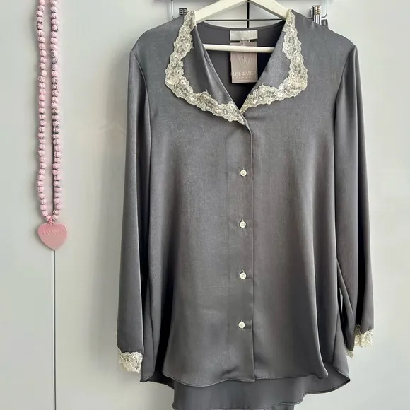 LISE WATIER Lingerie Satin Silky Pajama Set Medium Gray Loungewear