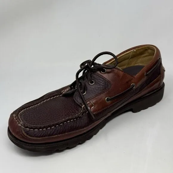 LL Bean Allagash Boat Shoes Mens 12 EE Brown Bison Leather 3 Eye Moccasins