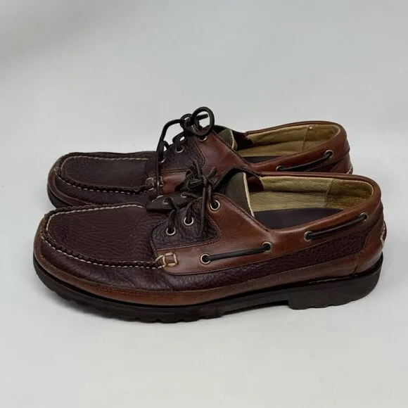 LL Bean Allagash Boat Shoes Mens 12 EE Brown Bison Leather 3 Eye Moccasins