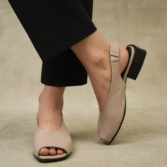 Lonza Gloss Block Beige Black Slingback Shoes Peep Toe Comfort Leather Size 38