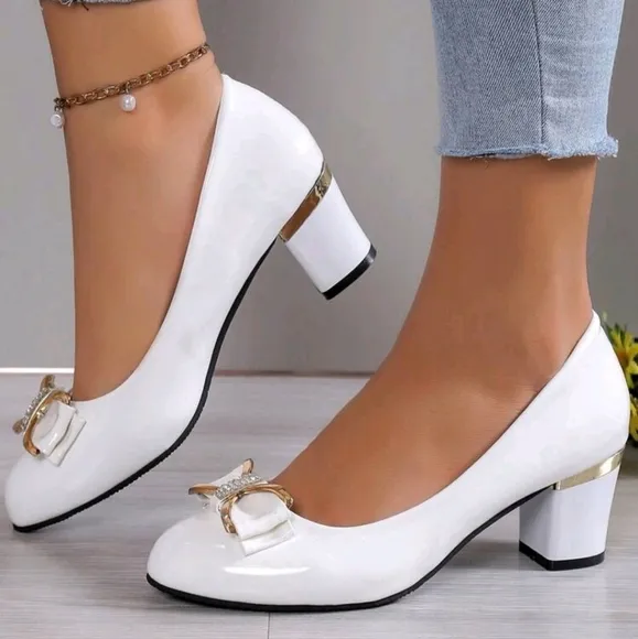 Low-Top Women's Shoes,White High-Heeled Pumps With Thick Heels,Rhinestone