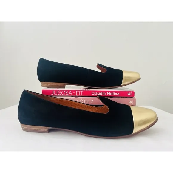 MADEWELL Womens Black Gold Cap-Toe Pointed Smoking Loafers Flats Shoes Size 10