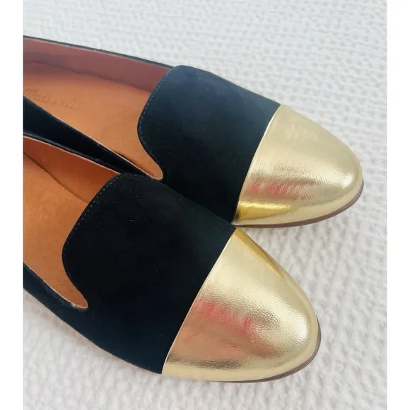 MADEWELL Womens Black Gold Cap-Toe Pointed Smoking Loafers Flats Shoes Size 10