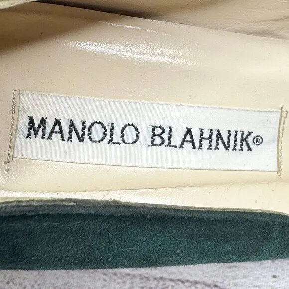 Manolo Blahnik Forest Green Suede Heels sz 36.5 Pointed Toe Pumps Handmade Italy