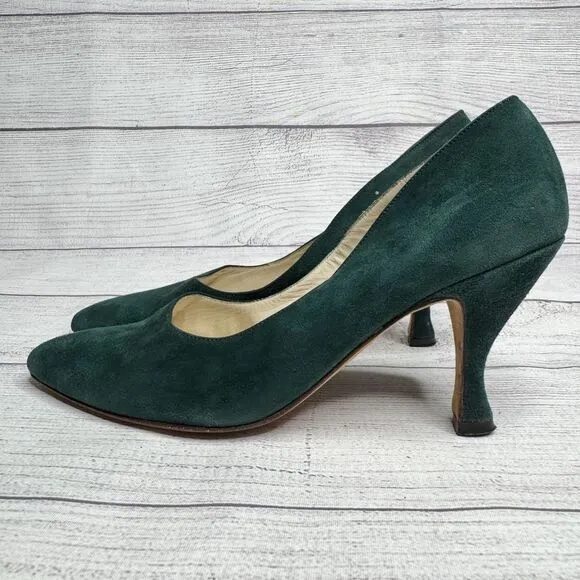 Manolo Blahnik Forest Green Suede Heels sz 36.5 Pointed Toe Pumps Handmade Italy