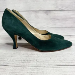 Manolo Blahnik Forest Green Suede Heels sz 36.5 Pointed Toe Pumps Handmade Italy