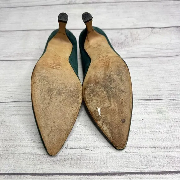 Manolo Blahnik Forest Green Suede Heels sz 36.5 Pointed Toe Pumps Handmade Italy
