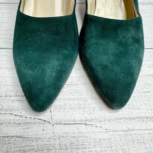 Manolo Blahnik Forest Green Suede Heels sz 36.5 Pointed Toe Pumps Handmade Italy