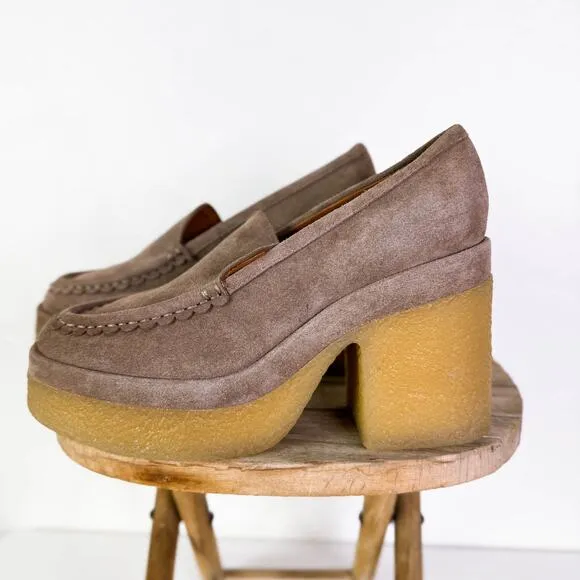 Marc Fisher Lina Gum Sole Suede Leather Heeled Loafer Shoes Tan Academia 7.5 NWT
