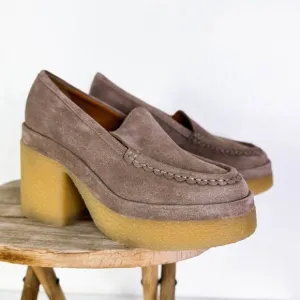 Marc Fisher Lina Gum Sole Suede Leather Heeled Loafer Shoes Tan Academia 7.5 NWT