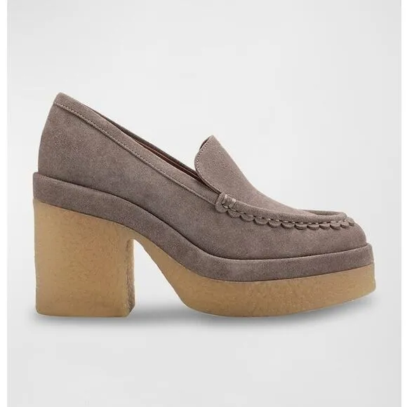 Marc Fisher Lina Gum Sole Suede Leather Heeled Loafer Shoes Tan Academia 7.5 NWT