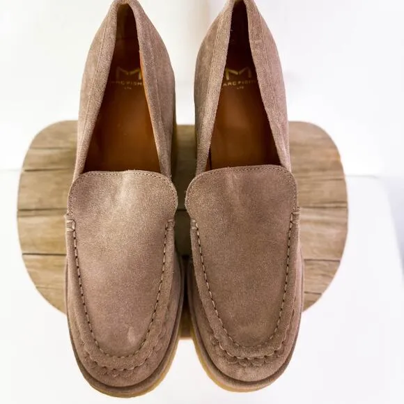 Marc Fisher Lina Gum Sole Suede Leather Heeled Loafer Shoes Tan Academia 7.5 NWT