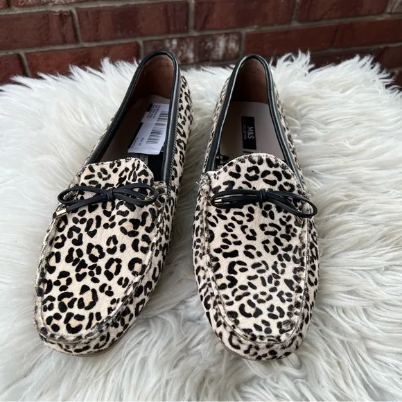 Marks &amp; Spencer NWT Cream &amp; Brown Animal Print Leather Calf Hair Boat Shoes 8W