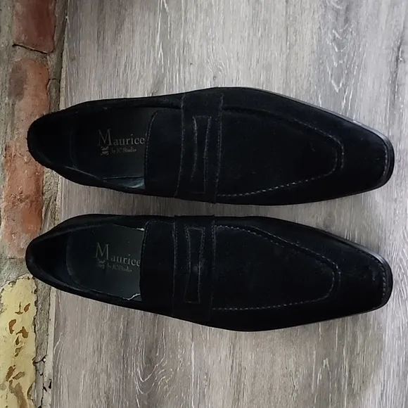 Maurice by JC Studio Men Suede Slip On Loafer Black w/Soft White Stitching Sz 10