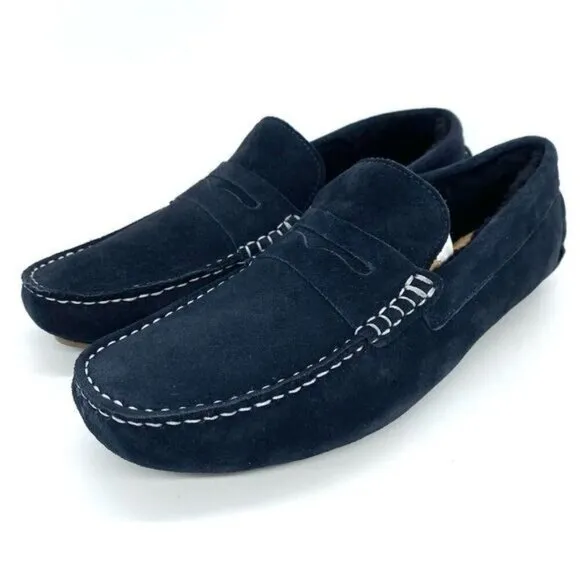 Mens Loafer Slippers Blue Suede Shearling Moc Toe New